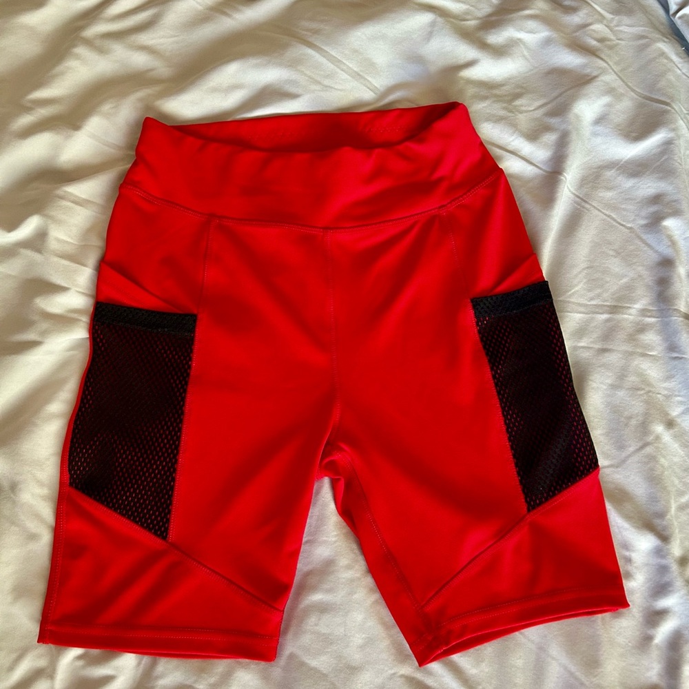 Women’s High-Waist Red Athletic Bike Shorts with Black Mesh Pockets